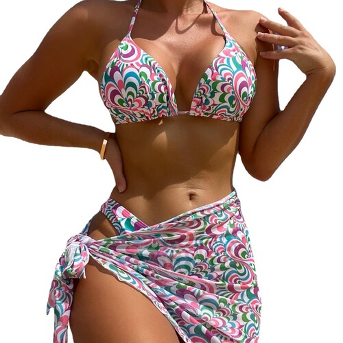 2024 New European and American Printed Beach Skirt Sexy Bikini with Bra Cup for Women Three-Piece Swimsuit