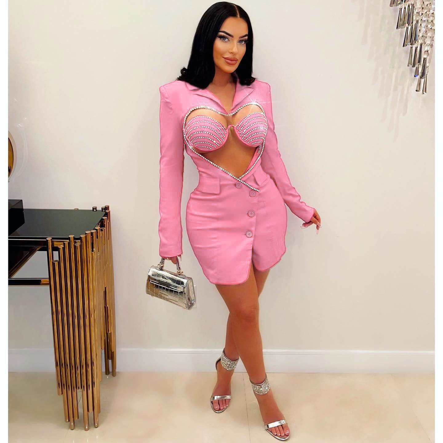 Women's Clothing Slim Fit Two Piece Set Style Sexy Solid Color Bodycon Suit With Rhinestone Heart Shaped Design For Women_voghion.com