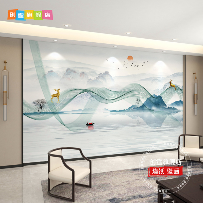 千里江山图电视背景墙壁布客厅新款中式壁纸3d立体壁画影视墙|undefined