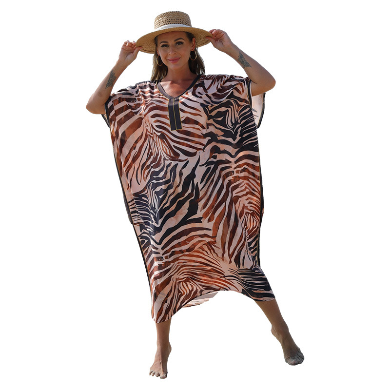 Playa blusa europea y americana de secado rápido rayado marrón impreso traje suelto vacaciones bikini blusa 5D49