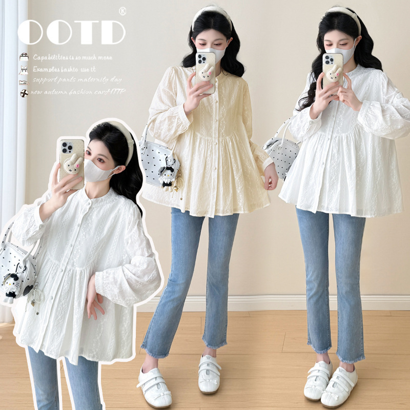 Maternity Wear New Style 2026 Spring Embroidered Patchwork Maternity Long-Sleeved Shirt