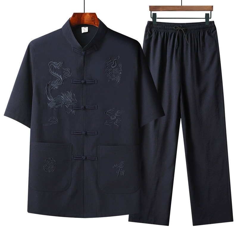Summer thin set for elderly for leisure, for middle-aged man, for middle age, Chinese style, loose fit, with short sleeve