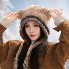 冬季新款帽子女款可爱小熊耳朵毛绒针织麻花辫加厚保暖护耳显脸小