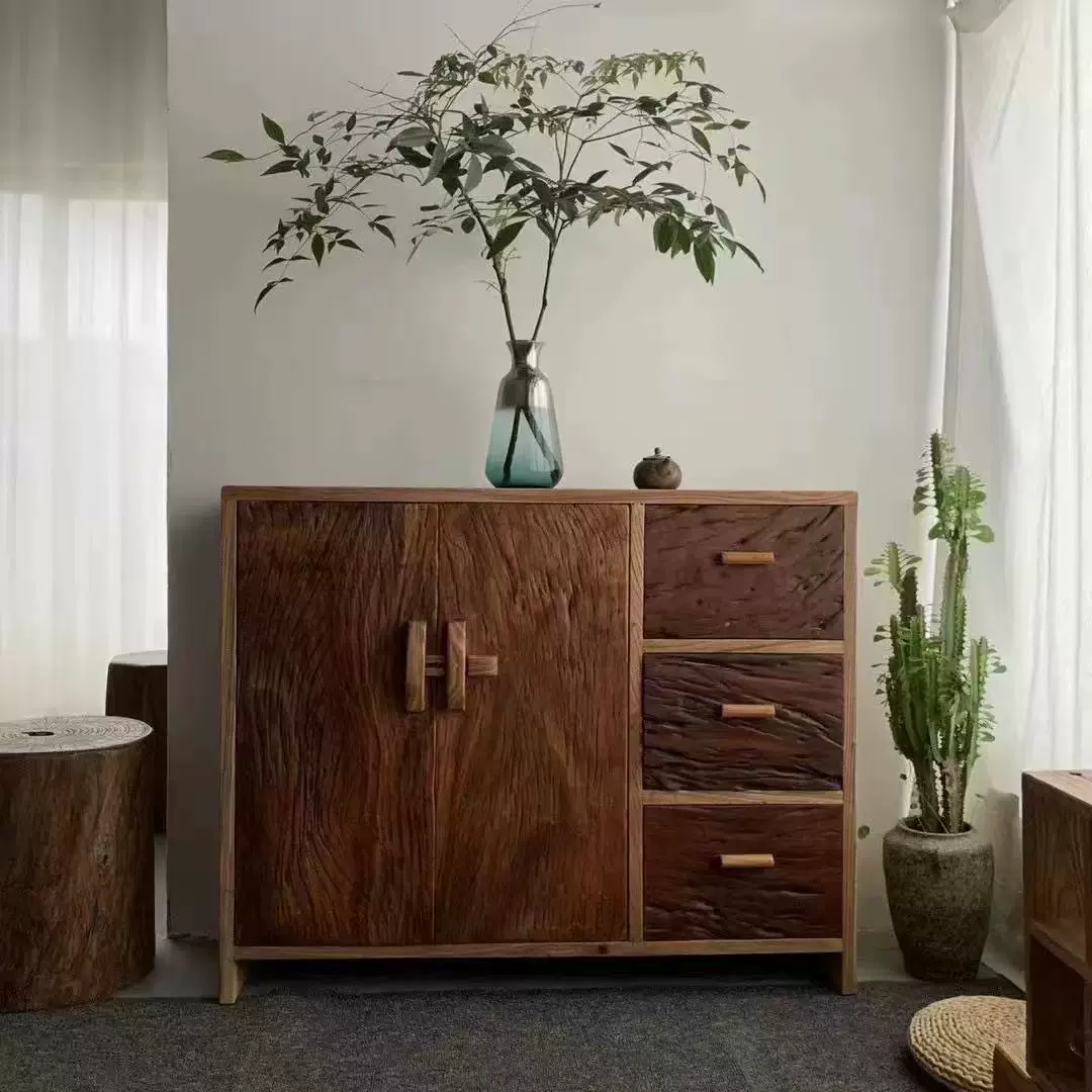 侘寂风老榆木餐边柜储物柜客厅玄关抽屉柜实木复古家具双开门斗柜