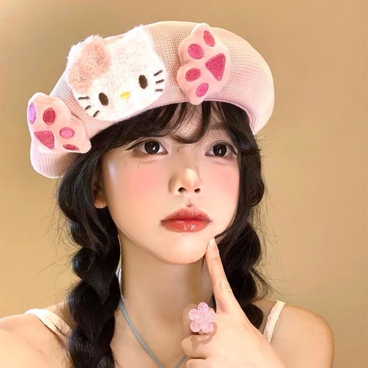 粉色Kitty猫咪贝雷帽女夏季薄款透气可爱帽子显脸小画家帽子批发|undefined