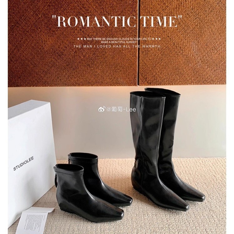 Cowhide Version ~5Cm Height-Increasing Short Boots for Women, 2025 Autumn and Winter New Retro Style, Small Square Toe, Back Zipper, Long Slim Boots