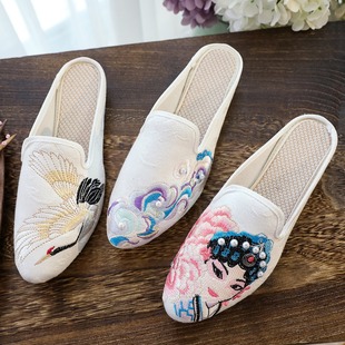 Slippers Single/Cotton Slippers Pointed Toe Fashionable Chinese Style National Style Vintage Embroidered Fabric Women's Shoes