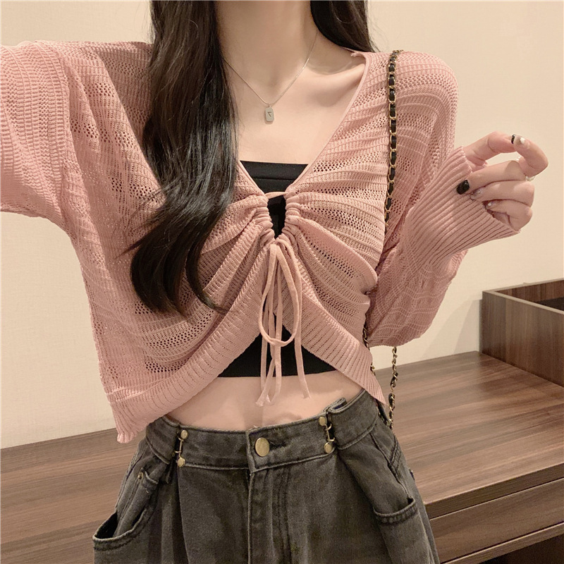 Pink Forward and Reverse Two-Piece Hollow Drawstring Knitted Sunscreen Cardigan Women's Summer Thin Small Sling Outer Blouse