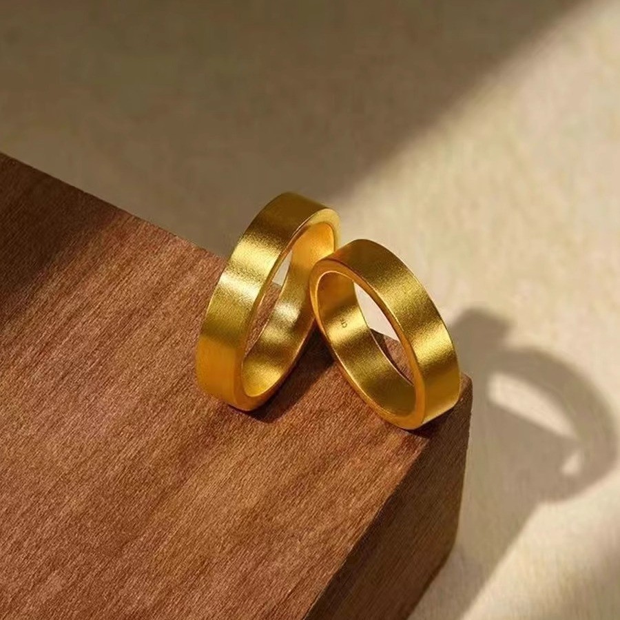 Ancient Style Flat Ring Sand Gold Couple Ring Matte Plain Ring_voghion.com