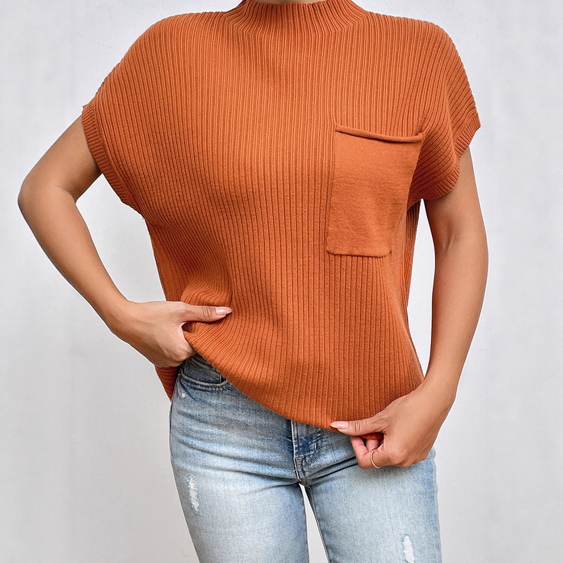 2025 Autumn New Solid Color Pullover High Neck Short Sleeve Top Women's European and American Fashion Versatile Ribbed Sweater Women