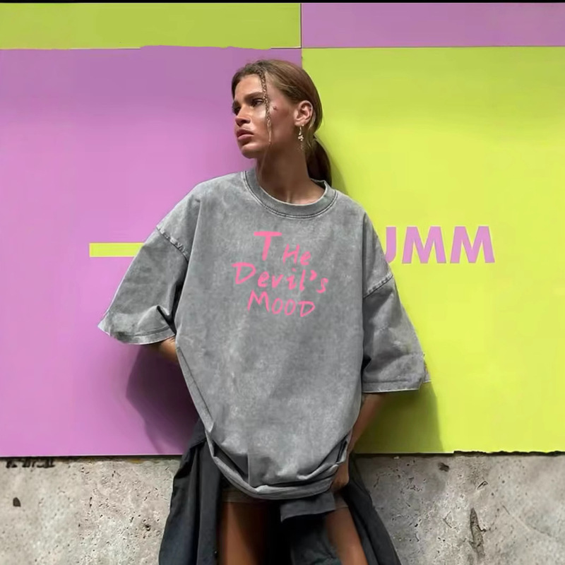 Hirsionsan Acid Wash T-Shirt Women Vintage Cotton T-Shirt Street Clothing Soft Mineral T-Shirt Girls Loose Powder