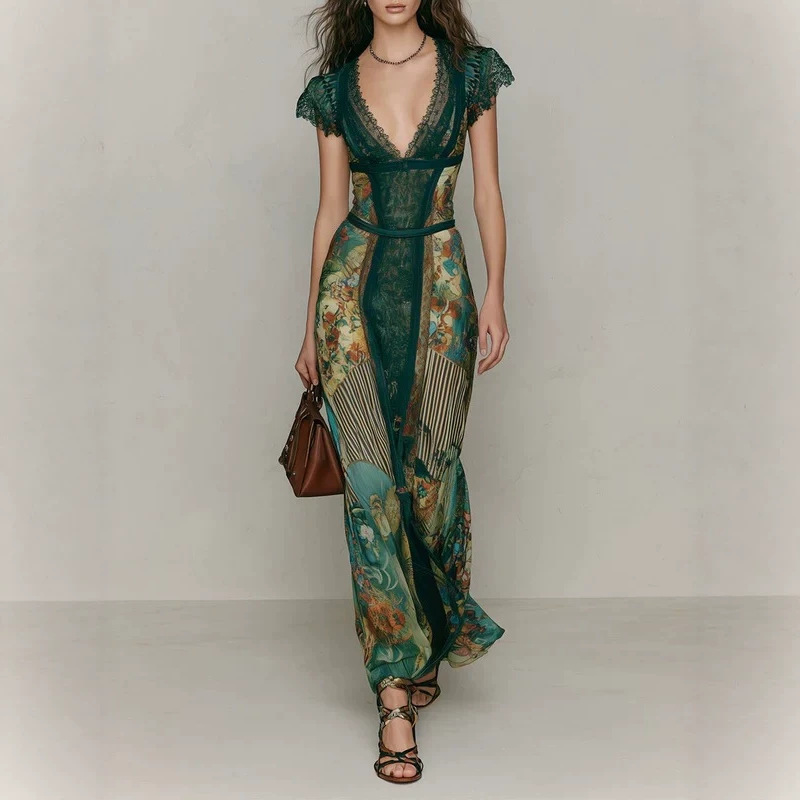 2026 Vintage Dark Green Lace V-neck Short Sleeve Dress with Oil Painting Print, Slim Fit, Flowing, Vacation Mermaid Dress 2026 Vintage Dark Green Lace V-neck Short Sleeve Dress with Oil Painting Print, Slim Fit, Flowing, Vacation Mermaid Dress