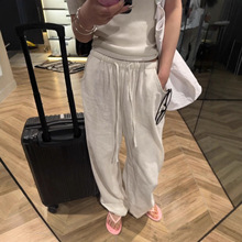 白色棉麻凉感阔腿裤女2025夏季薄款松紧高腰垂感显瘦休闲直筒长裤