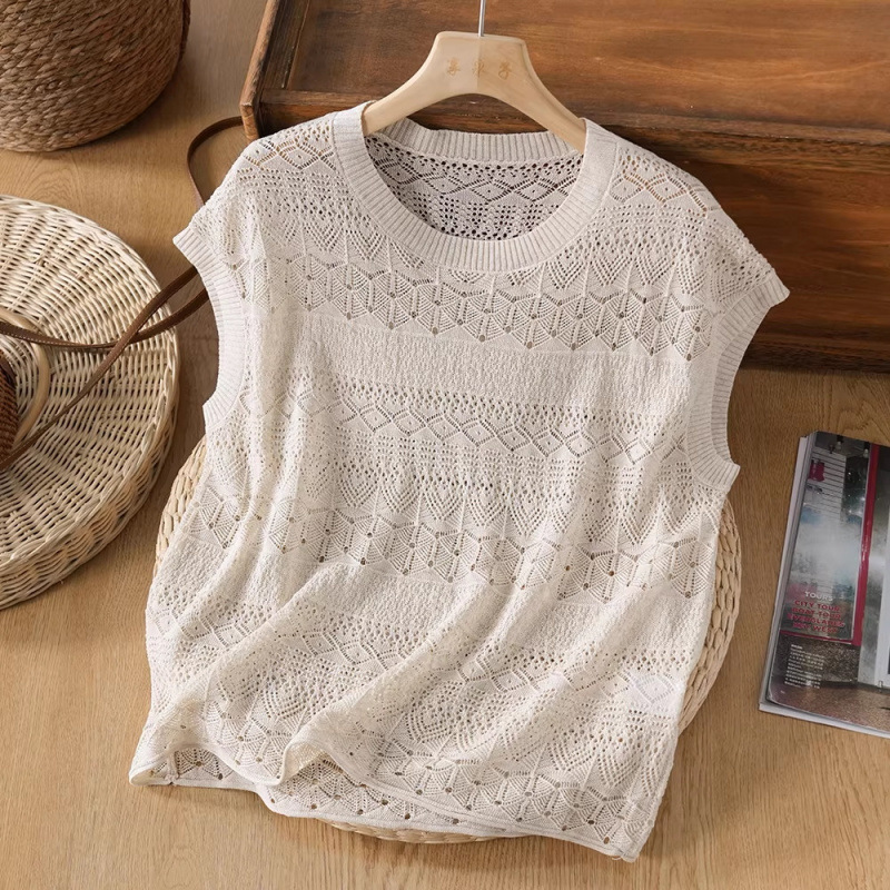 2026 New Style Hemp Short-Sleeved Pullover Knitwear with Hollow-Out Design, Artistic Retro Loose Fit for Summer 2026 New Style Hemp Short-Sleeved Pullover Knitwear with Hollow-Out Design, Artistic Retro Loose Fit for Summer