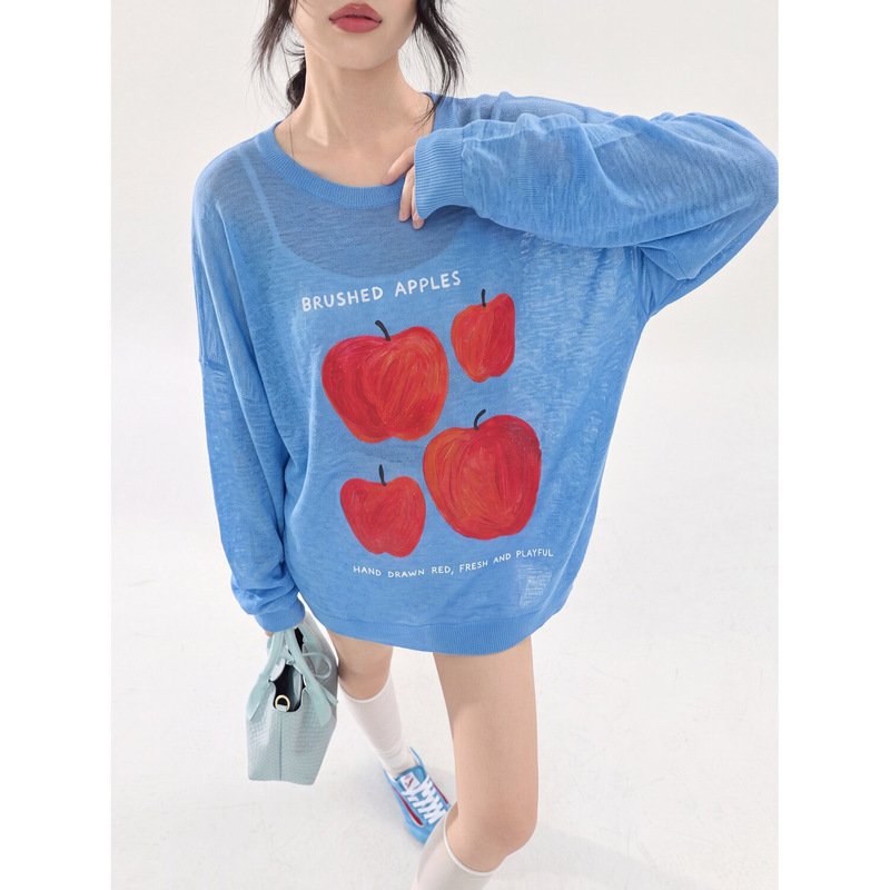 Blue Apple Print Long Sleeve Knit T-Shirt for Women, Loose Korean Style Dopamine Lightweight Pullover Top Blue Apple Print Long Sleeve Knit T-Shirt for Women, Loose Korean Style Dopamine Lightweight Pullover Top