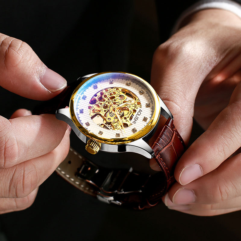 Đồng hồ nam Automatic Skeleton Tourbillon lộ máy, dây da hoặc thép, mặt kính chống xước, phát quang, chống nước