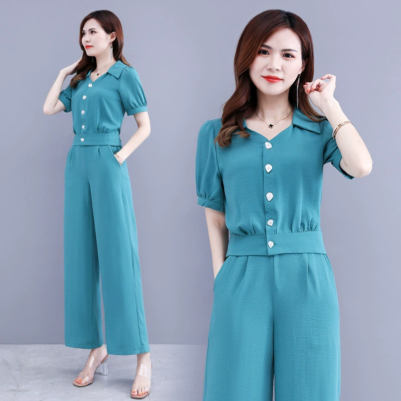 Оптовая продажа 2023 летние новые свободные широкие брюки Костюм Повседневный темперамент возрастной живот из двух частей брюки прилив