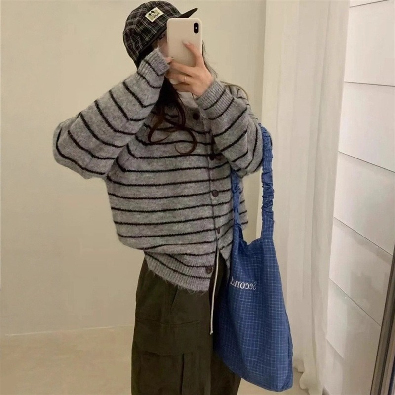 拼色条纹长袖毛衣开衫外套女2025新款秋冬季韩版圆领针织百搭上衣|undefined