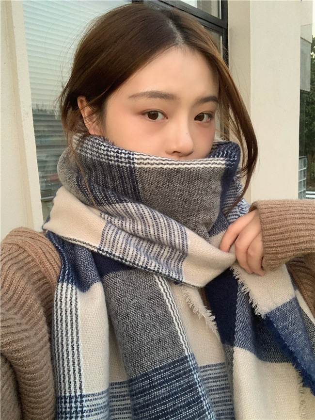 Sciarpa a quadri blu bianco super morbida per le donne in autunno inverno, spessa e calda, sciarpa in imitazione cashmere, coreana_voghion.com