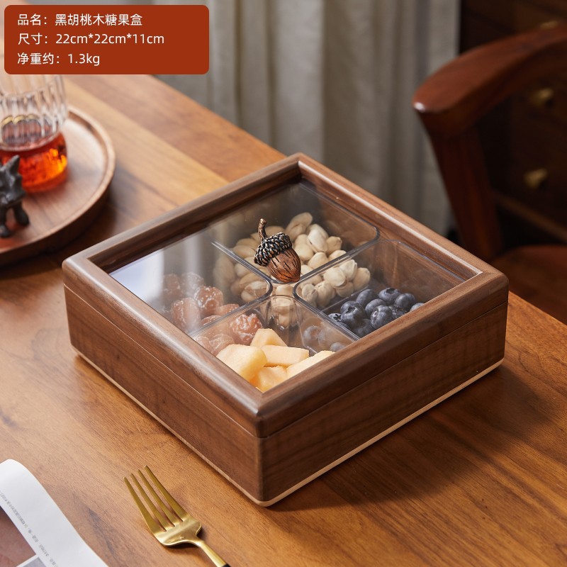 검은 호두나무 사각형 + 식품 등급 아크릴 접시 4개