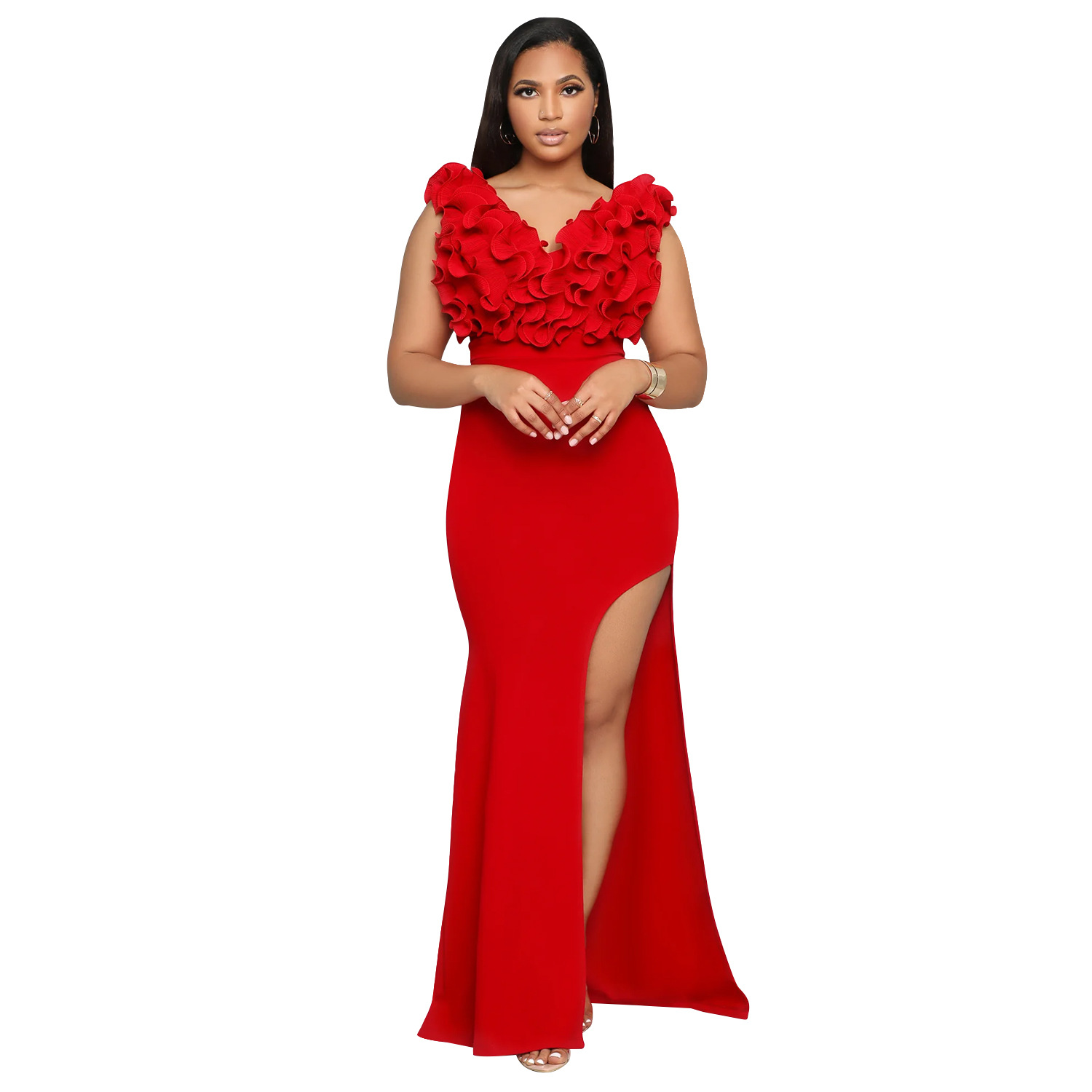 C7013 Aliexpress transfronterizo Amazon estación independiente de moda europea y americana ropa de mujer de cuello en V sin mangas vestido largo de bifurcación image 8
