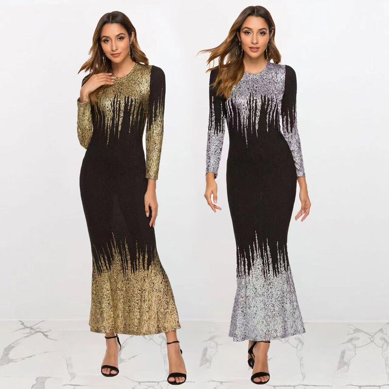 2023 European and American New Amazon Bronzing Printed Slim-fit Long-sleeved dress Autumn and Winter Evening Dress Fishtail dress
