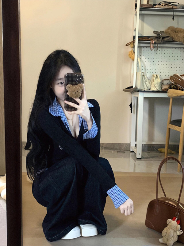 纯欲韩系格纹假两件polo领正肩长袖t恤女秋季修身收腰设计感上衣|undefined