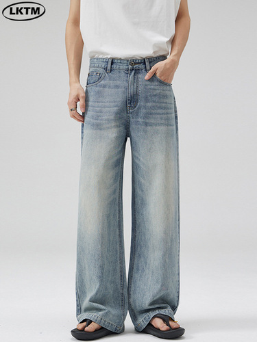 LKTM men's wear #washed blue and white gradient contrast A-line jeans men's fashion brand loose casual straight floor trousers
