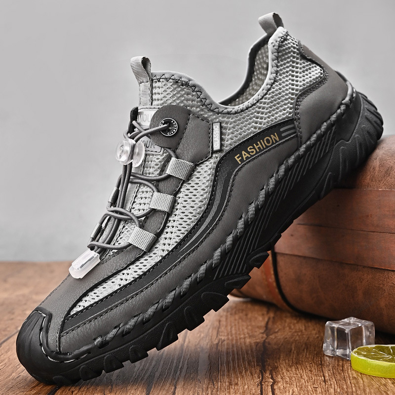 休閒鞋男2024新款夏季透氣網面鞋軟底一腳蹬輕便防滑包頭運動男鞋
