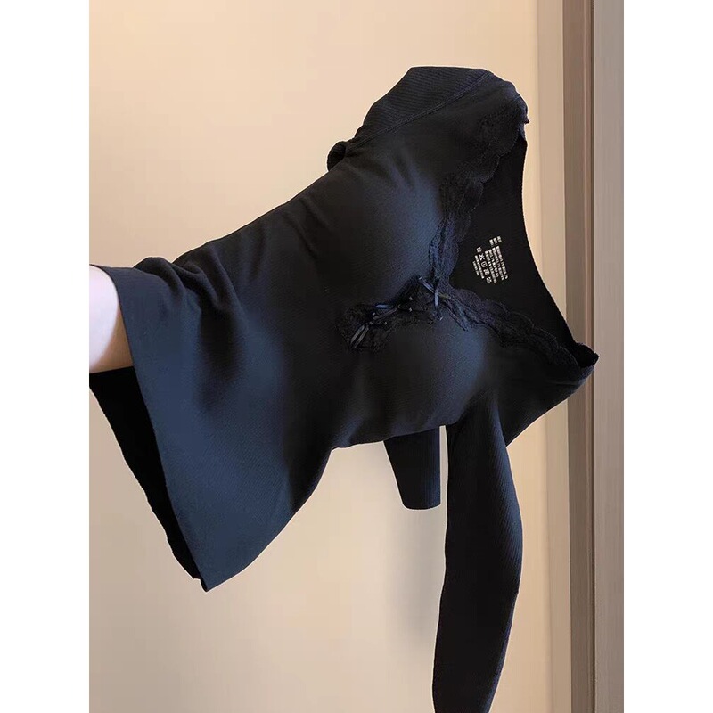 Derong [with Removable Chest Pad] Korean V-Neck Lace Bow Lace Brushed Bottoming Shirt for Women