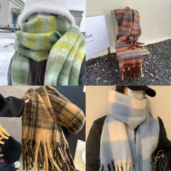 Warm Coffee Maillard ~ High-End Plaid Scarf for Women in Autumn and Winter Retro Versatile Thickeneded Warm Shawl and Scarf Trendy