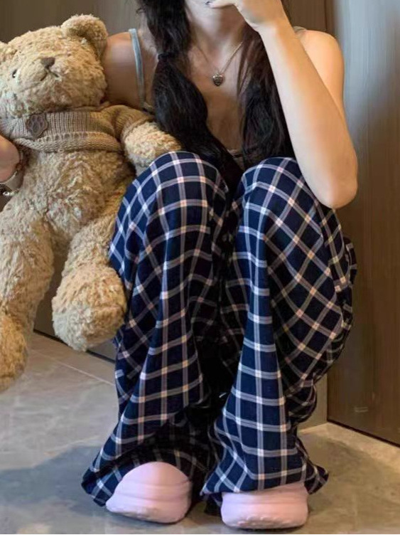 2025年秋装新款蓝色格子裤女高腰慵懒宽松遛弯裤垂感休闲阔腿裤|undefined