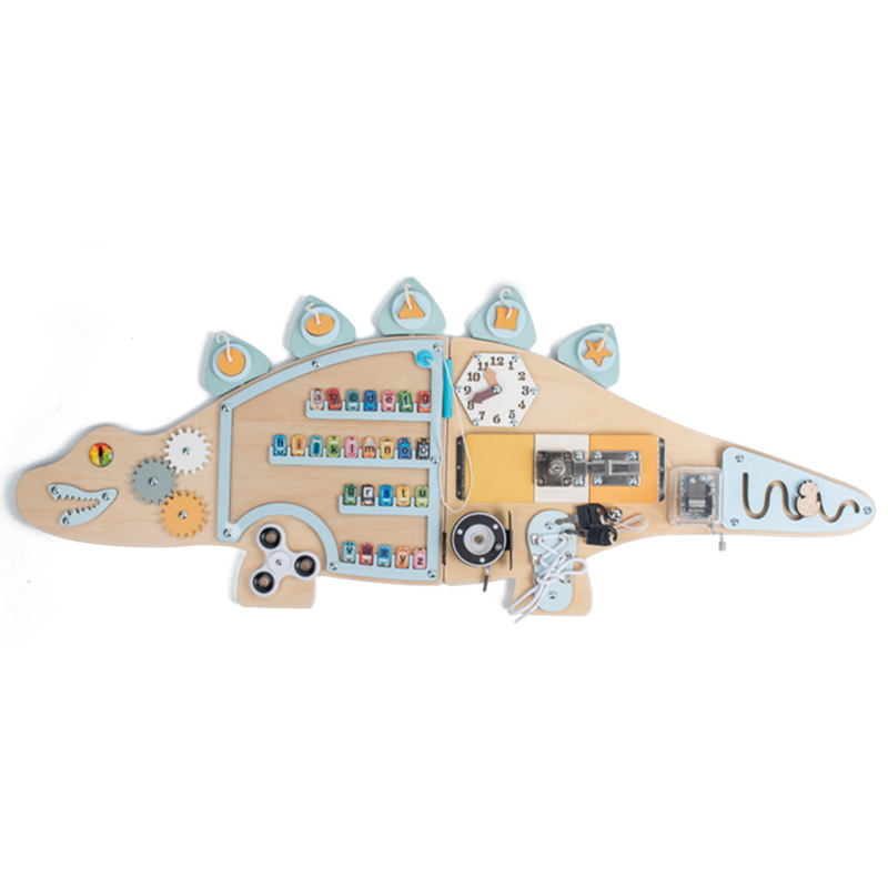 Tablero ocupado con tema de dinosaurio de madera Una variedad de juegos divertidos en un solo engranaje, forma giratoria, combinación de juguetes educativos