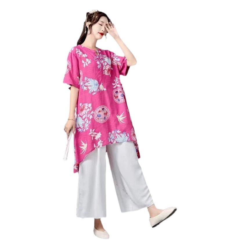 Новинка Весна/Лето 2024: Комплект женской одежды из хлопка и льна с принтом, свободный крой, белые брюки, в этническом стиле для путешествий