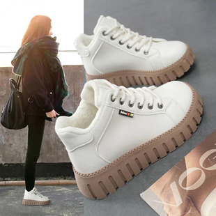 Fashion casual leather high-top fleece-lined warm sneaker women's shoes 2024 autumn and winter new comfortable thick-soled cotton shoes women