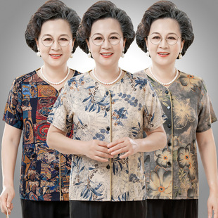 Middle-aged and Elderly Women's Cotton Silk Shirt Summer Mother's Shirt Grandma's Short-sleeved Artificial Cotton Cardigan Thin Top