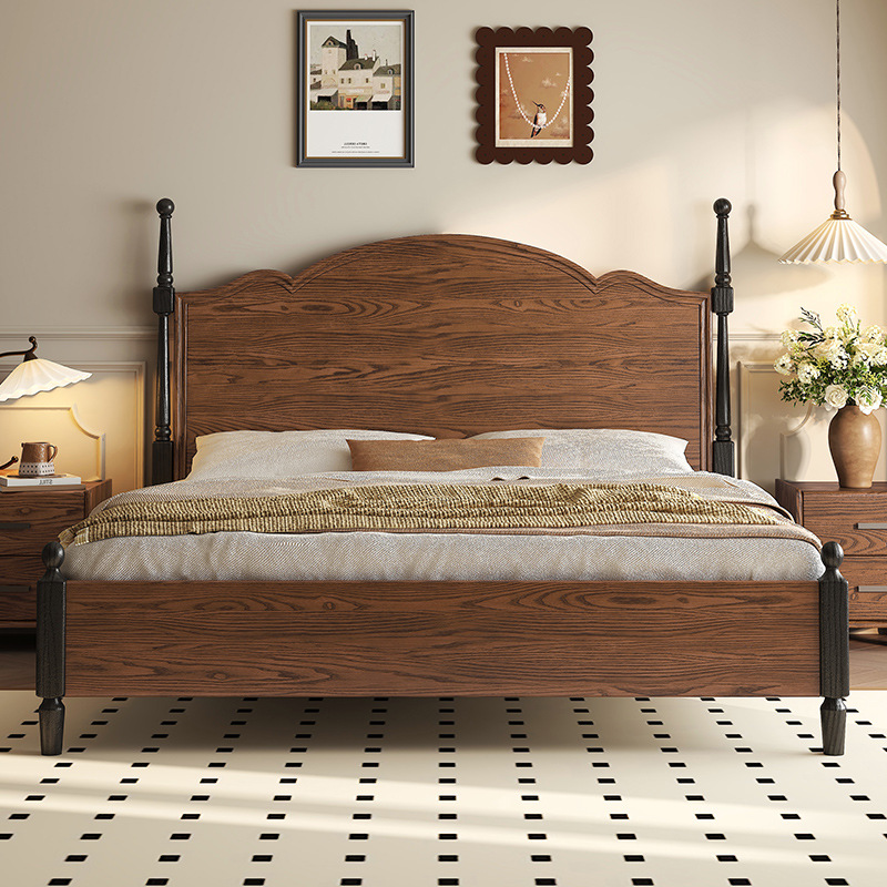 Medieval Style Solid Ash Wood Bed French Retro Master Bedroom 1.8m Large Bed Small Apartment American Double Bed