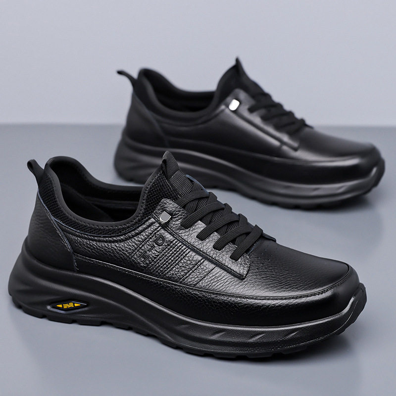 Giày lười nam da bò mũi tròn đế mềm chống trượt, giày da nam kiểu slip-on nhẹ thoáng khí — DT1805 Đen