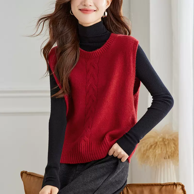 厂家直销红色圆领马甲2026新款春装韩系复古麻花针织背心上衣女