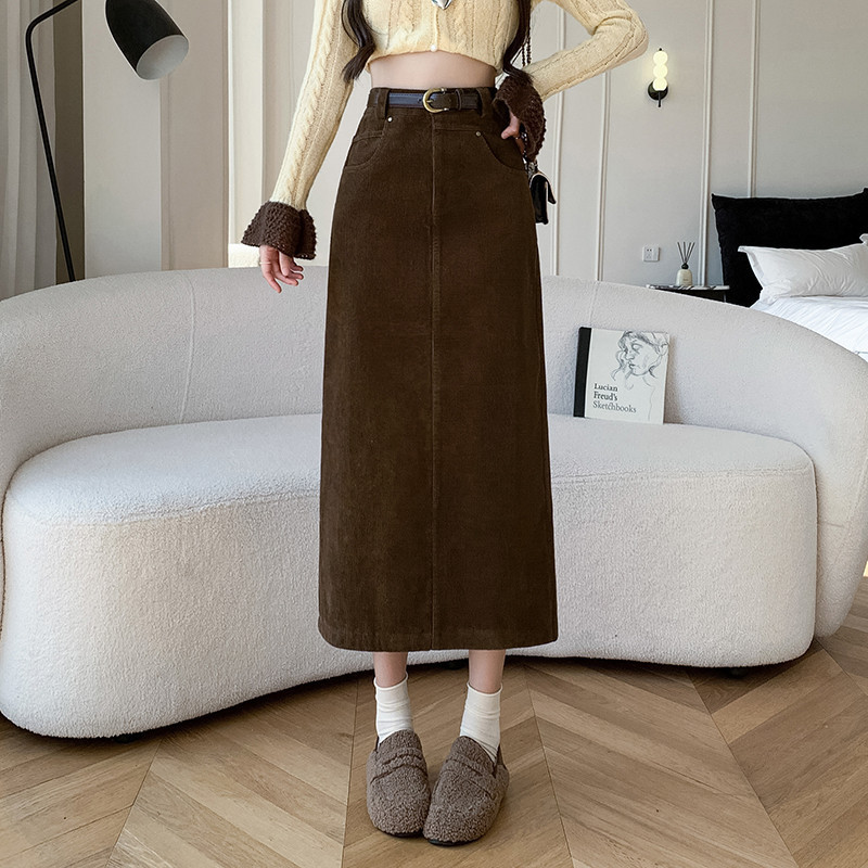 现货灯芯绒半身裙女2025春秋中长款半裙复古气质赫本风高腰直筒裙|undefined
