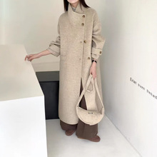 赠送同款包包秋冬新款中长款双面呢羊毛大衣女士系带立领毛呢外套