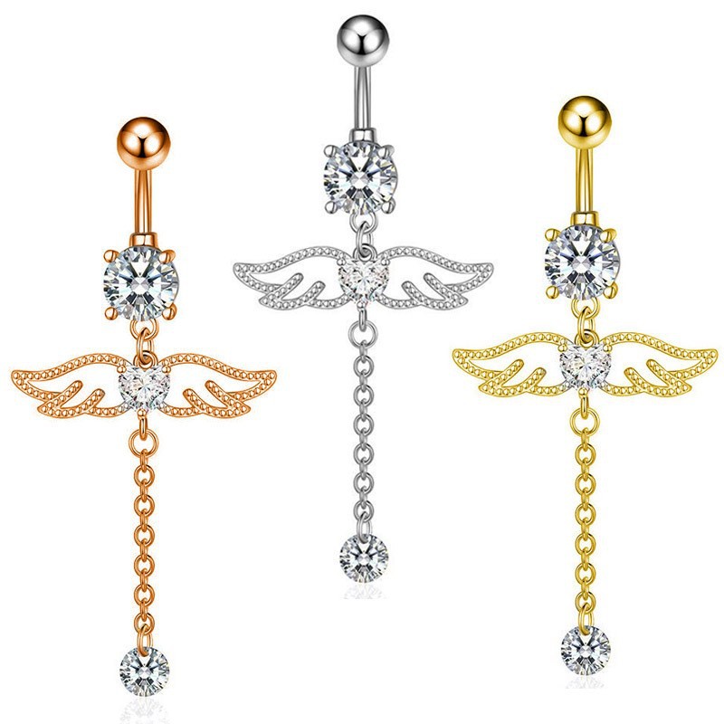 Anello per ombelico con ciondolo in acciaio inossidabile con ali d'angelo intarsiate in rame europeo e americano, stile ragazza cool_voghion.com