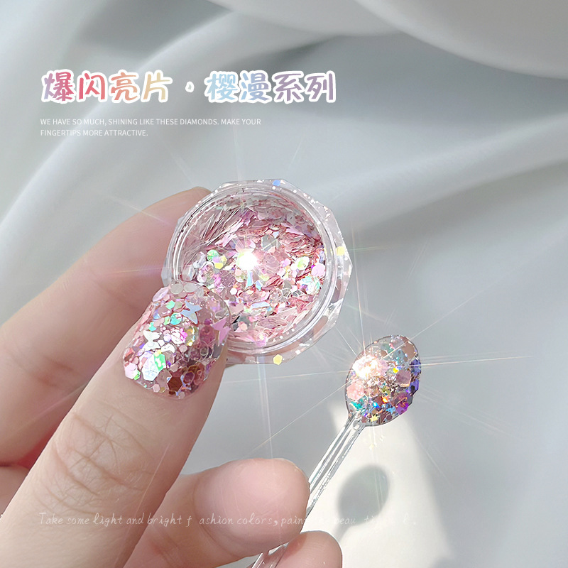 Internet celebridad nuevo clavo ultra-delgada flor de cerezo verde mariposa láser lentejuelas brillo gradiente mezclado joyería de uñas