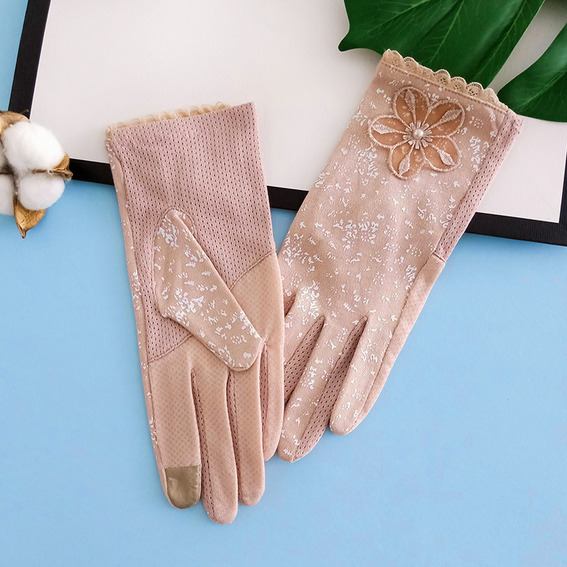 夏季单色印花分指防晒手套女现货服饰手套复古珍珠蝴蝶结布制手套