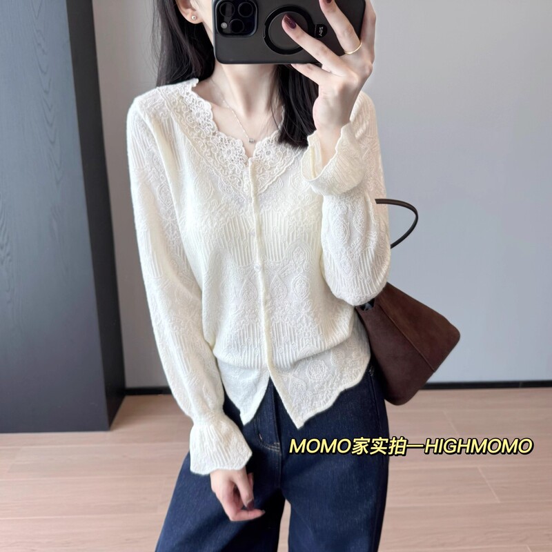 Cj1015 Full Screen Exquisite Sense ~ French Style Mulberry Silk + Wool + Acrylic V Neck Lace Embroider Lace Knitting