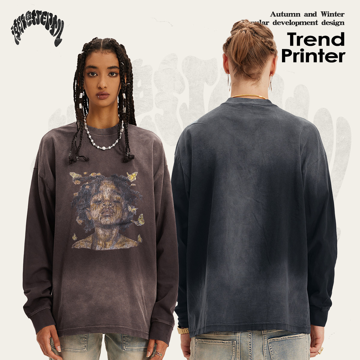 2025 otoño marca de moda americana suelta retro hacer vieja moda cool niños callejeros impresión lavado camiseta de manga larga moda masculina