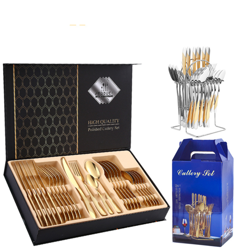 Juego de Cubiertos de Acero Inoxidable de 24 Piezas en Caja de Regalo, Diseño de Estrella y Diamante, Cuatro Piezas Principales, para Hotel, Restaurante, Comida Occidental, Cuchillo, Tenedor, Cuchara
