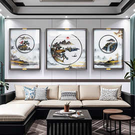 苏绣沙发背景墙装饰画新中式家居美学高端刺绣壁画客厅山水挂画