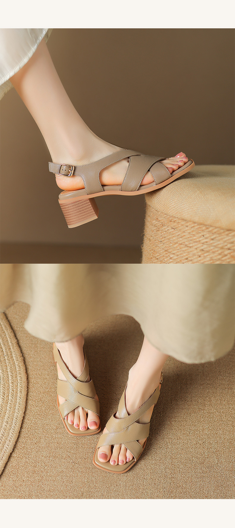 Sandal La Mã da cừu đan sọc rộng gót thô hở ngón — Màu camel chi tiết 12
