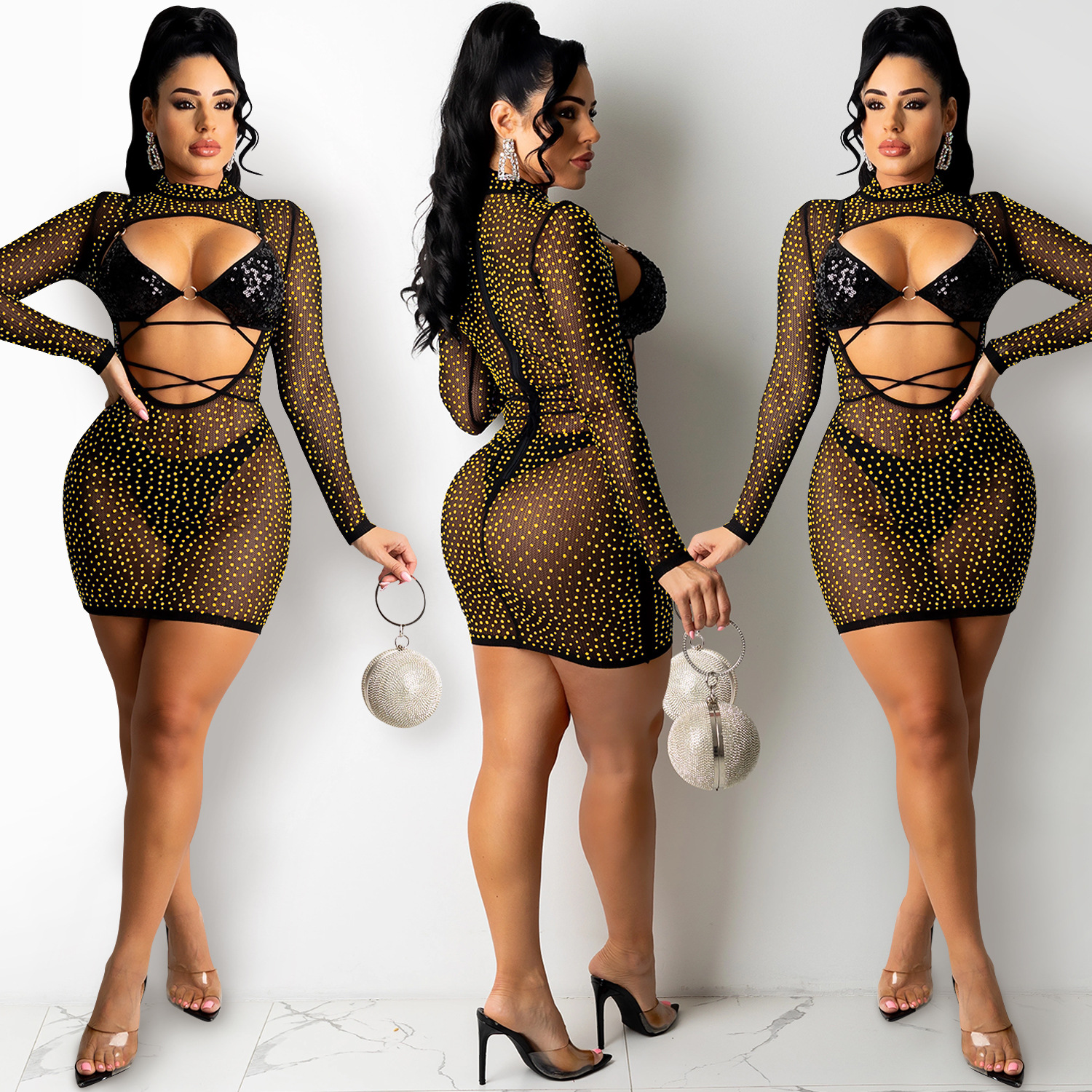 sequins hot diamond hollow strappy long sleeve mesh two-piece set without panties NSFYZ118536